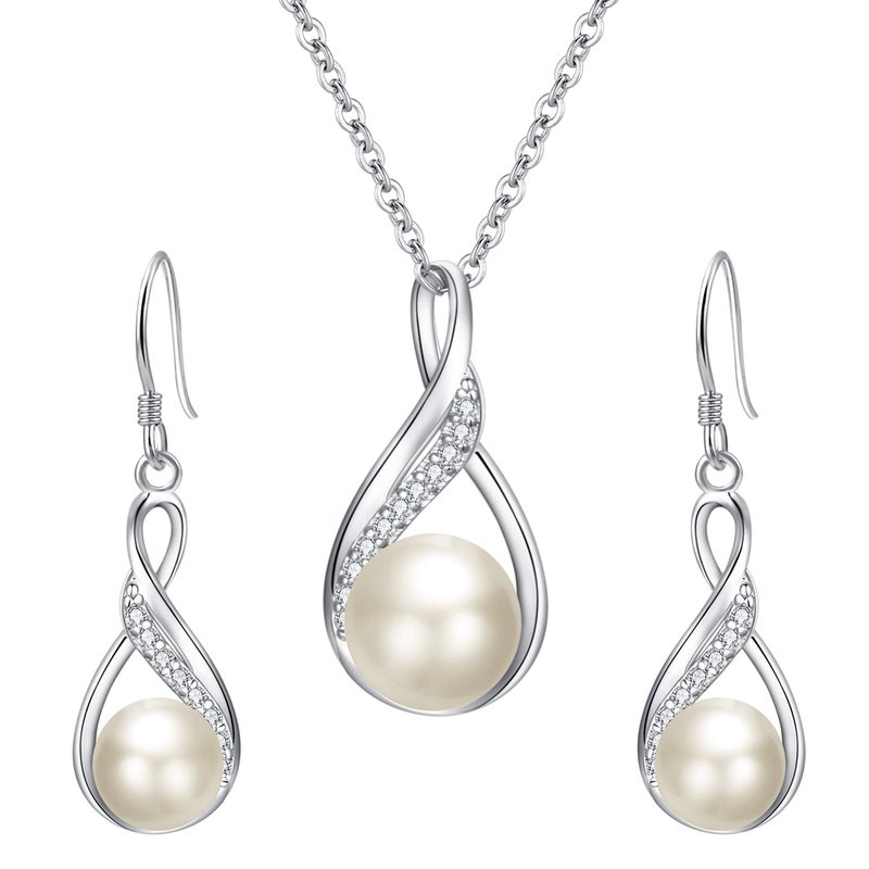 EleQueen 925 Sterling Silver CZ Freshwater Cultured Pearls Bridal Pendant Necklace Earrings Wedding Jewelry Sets, Valentine's Mother's Day Christmas Gift for Mom - Image 1